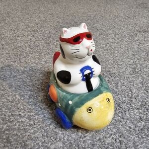 Vintage Coco Dowley Cat & Fish Salt and Pepper Shaker Set Ceramic Colorful Fun